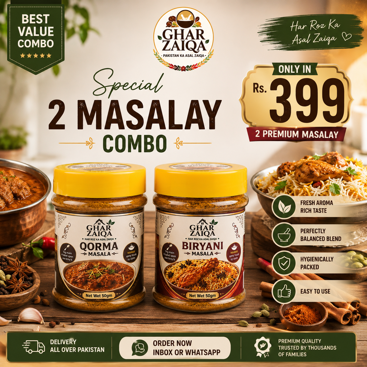 Ghar Zaiqa Qorma + Biryani Masala Combo (2 Jars) – Premium Spice Blend